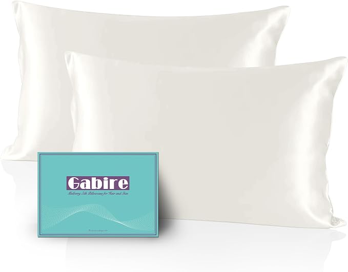 Gabire Mulberry Silk Pillow Cases Set of 2, Both Sides Real Silk Pillowcase for Hair and Skin Prevent Acne Pillowcase Organic Silk Pillow Cases 2 Pack with Hidden Zipper, Ivory, Standard (20"×26")