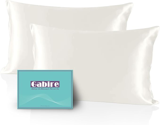 Gabire Mulberry Silk King Size Pillow Cases Set of 2, Ultra Smooth Soft Cooling Organic Silk Pillowcases with Hidden Zipper, Prevent Acne Silk Pillow Cases 2 Pack King (20"×36"), Ivory