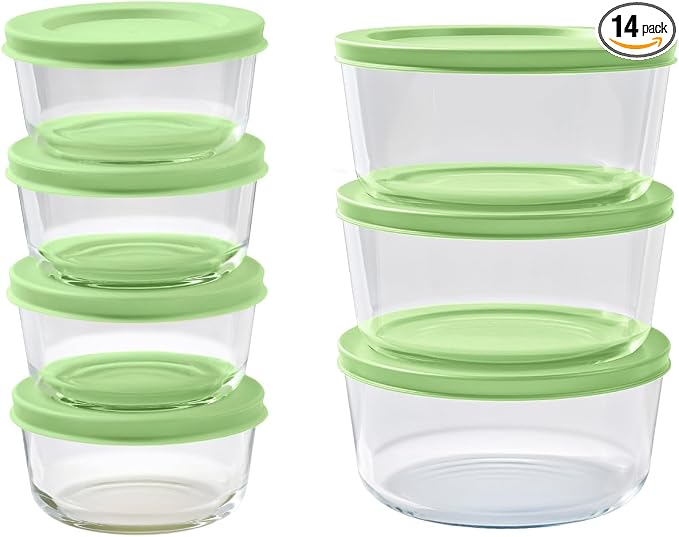 14-Piece Glass Food Storage Containers Set (7 Containers + 7 BPA-Free Lids) | 1-Cup & 4-Cup, Leakproof | Microwave, Freezer, Oven & Dishwasher Safe | Ideal for Meal Prep & Pantry Organization, green