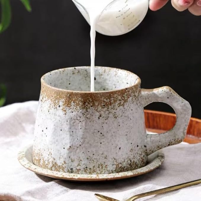 10oz Vintage Retro Handmade Ceramic Cappuccino Cup with Saucer –Small Rustic Stoneware tea cup and saucer, Lead-Free Latte Art Mug,Handmade mug with saucer set,Microwave safe (biege)