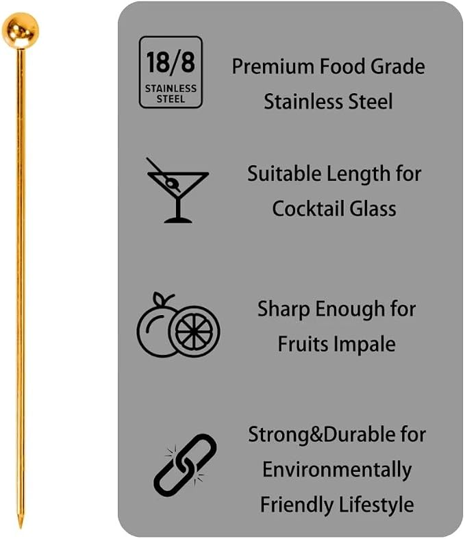 Lexenic 12-Piece Cocktail Picks Set with Holder, Premium 304 Stainless Steel Martini Skewers, Reusable Garnish Sticks for Olives, Appetizers & Fruit (1 Style Needle Golden)