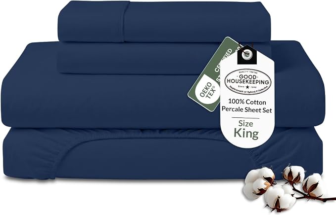 ROYALE LINENS 100% Organic Cotton King Sheet Set - Percale Weave - 4 Pieces Set - 1 Flat, 1 Deep Pocket Fitted Sheet and 2 Pillowcases - Navy Bed Sheets - Sábanas King - Crisp Cool (Navy)
