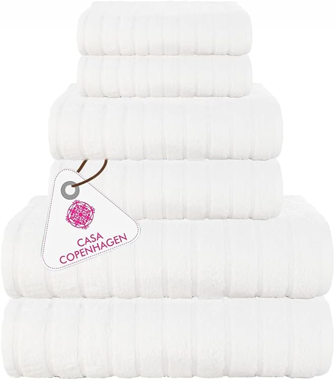CASA COPENHAGEN Ecstatic 6Pcs 100% Egyptian Cotton Large Designer Towels Gift Set- Bright White, 600GSM, 2Bath 2Hand 2Washcloths, Bath Towels for Bathroom Set for Women & Men