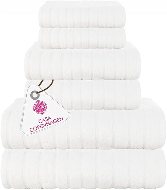 CASA COPENHAGEN Ecstatic 6Pcs 100% Egyptian Cotton Large Designer Towels Gift Set- Bright White, 600GSM, 2Bath 2Hand 2Washcloths, Bath Towels for Bathroom Set for Women & Men