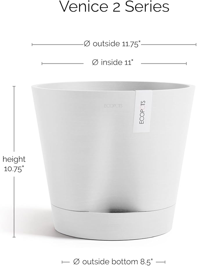 Ecopots Venice 2 Durable Modern Round Indoor/Outdoor Recycled-Based Composite Flower Pot Planter w/Water Reservoir, Pure White, 12"