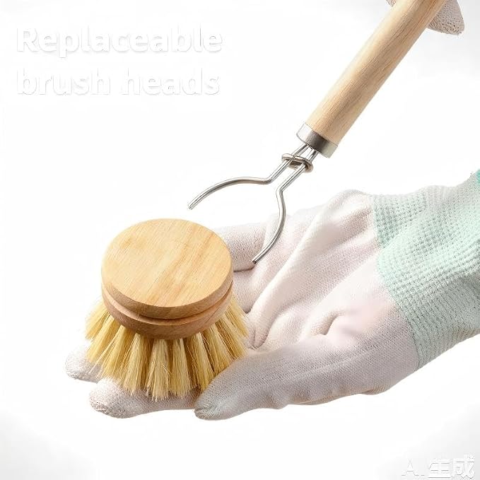 Natural Bamboo Dish Brush Set, 1 Long & 1 Short Handle Sisal Brushes with 4 Loofah Sponges, Non-Scratch Cleaning Brushes for Dishes, Pots, Cups, Vegetables & Sinks