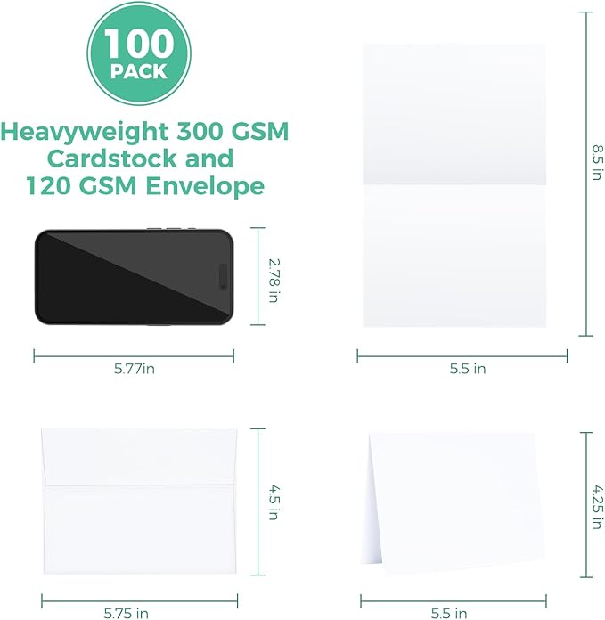 Ohuhu Blank White Cards and Envelopes 100 Pack - 4.25" x 5.5" Heavyweight Folded Cardstock and A2 Envelopes for DIY Greeting Cards Wedding Birthday Invitations Baby Shower Thank You Cards and More