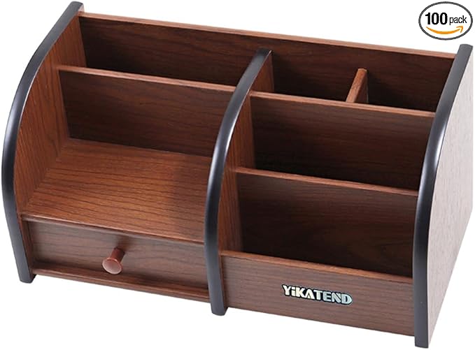 Wooden Desk Organizer with Drawer, Multi-Compartment Desktop Storage for Office Supplies, Remote Control, Phone, Makeup & Accessories