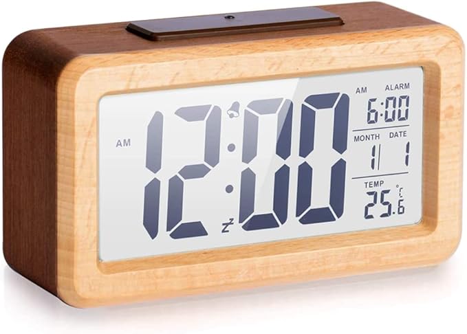 Alarm Clocks, Digital Alarm Clock Wooden Large LED, Smart Sensor Night Light with Snooze, Date, Temperature, 12/24Hr Switchable,Easy to Use,Solid Wood Shell, for Bedrooms and Travel