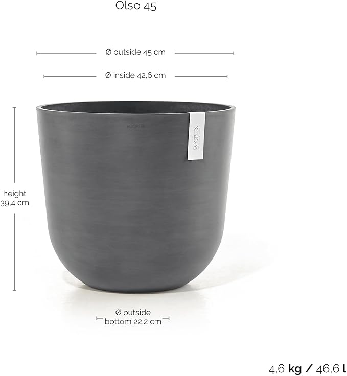 Ecopots Oslo Durable Modern Round Indoor/Outdoor Recycled-Based Composite Flower Pot Planter, Grey, 17.75"