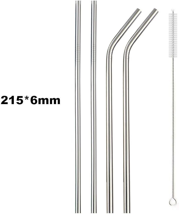 JASHII Reusable Portable Metal Straws Stainless Steel Eco-friendly Drinking Straw with Travel Cloth Bag (2 Bent 2 Straight 1 Brush),Silver
