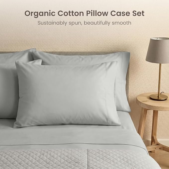 Bioweaves 100% Organic Cotton Pillow Cases 300 Thread Count Soft Sateen Weave GOTS Certified – Standard/Queen Size, Set of 2, Silver