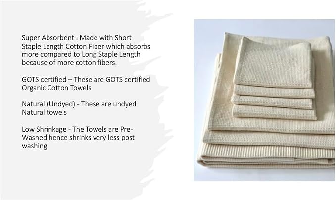 Organic Cotton Waffle Bath Towel Set, Handmade, Certified GOTS, Set of 7 (1xBATH 58x30.5, 2xHAND 29x20, 4xFACE 12x12 INCH), Natural, No Colour, No Softeners