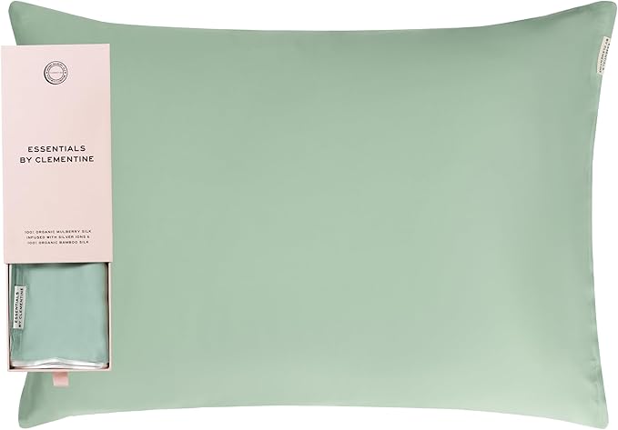 Clementine Sleepwear Essentials Organic King Size Pillowcase Match Point Green | Two-Tone Bamboo and Silver Ion Silk for Acne-Prone Skin, Anti-Aging, and Hydrated Hair and Skin