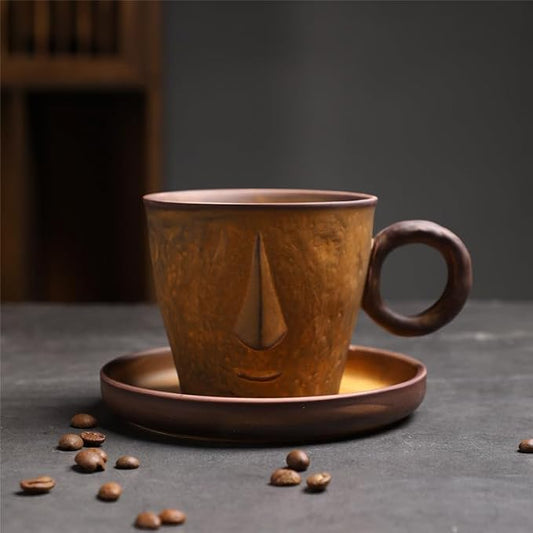 Rustic Kiln Glaze Textured Ceramic Coffee Mug with Saucer, Vintage Wabi Sabi Latte Tea Cup Multiple Styles, set of 1 (MIXED04)