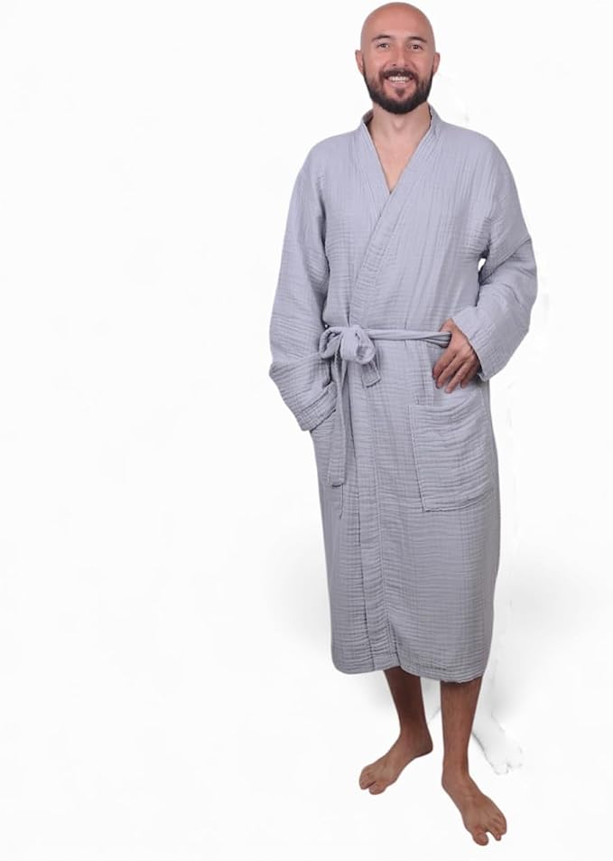 Muslin Bathrobe - Cotton Gauze Robe for Women and Men - Lightweight Breathable Summer Kimono - Boho Spa/Maternity Robe