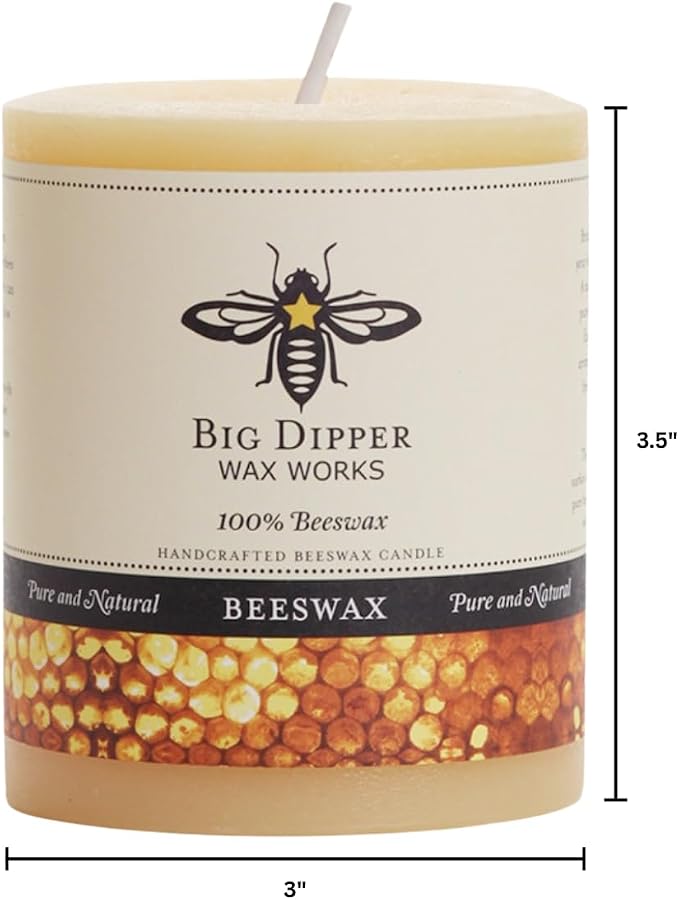 Big Dipper Wax Works 100% Pure Beeswax Pillar Candles (1 Pack) – 3" x 3.5" Handmade in USA, Long Burning Clean Soot-Free, Natural Honey Aroma, Eco-Friendly Cotton Wick, Home Décor & Meditation