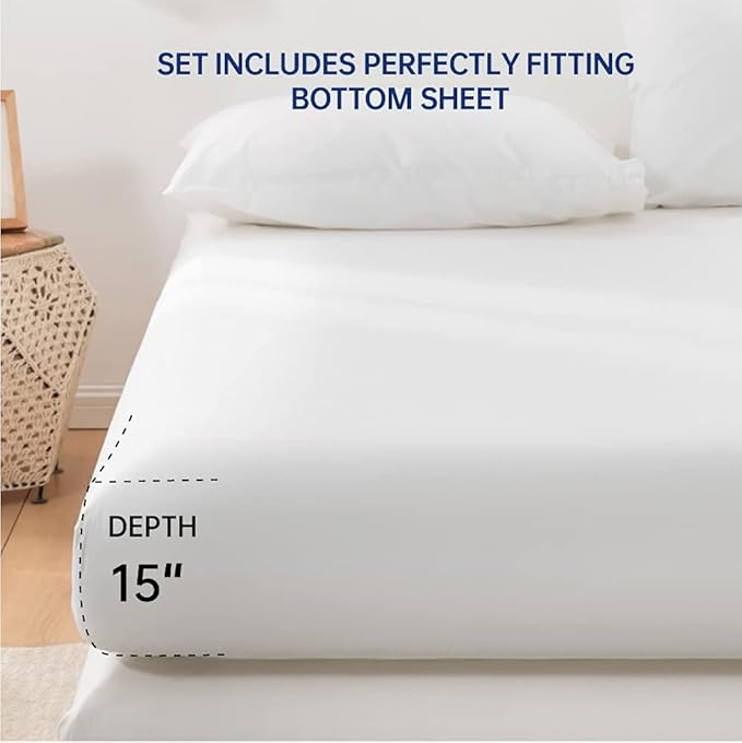 Simple&Opulence 100% Cotton Sheet Set Ruffle- 4Pcs (1 Flat Sheet 1 Fitted Sheet 2 Pillowcases) Bed Sheets Soft French Country Shabby Chic Vintage Bedding Set Aesthetic Farmhouse (White, Queen)
