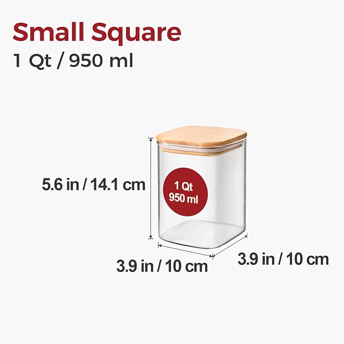 1Qt Airtight Glass Canisters with Bamboo Lid, Square Pantry Storage Containers for Coffee, Cookie, Candy, Snack, Nuts, Dry Goods - Kitchen & Pantry Organizers and Storage Containers 4 pack