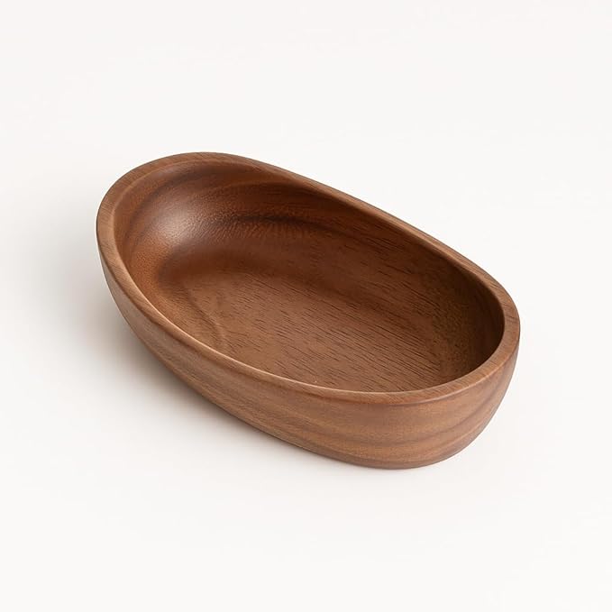 Wooden Bowl for Keys Walnut Wood Catchall Bowl for Entryway Table Rustic Decorative Bowl for Home Decor Coffee Table Oval Boat Shape (Small (6.7"))