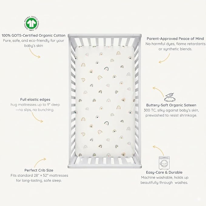 Makemake Organics GOTS Certified Organic Cotton Fitted Crib Sheet Soft Breathable (28"x52", Rainbow)
