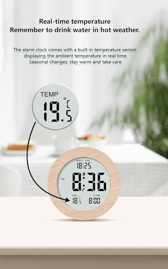 Digital Alarm Clock with LCD Display, Wooden Case, Temperature Display, Date Function (02)