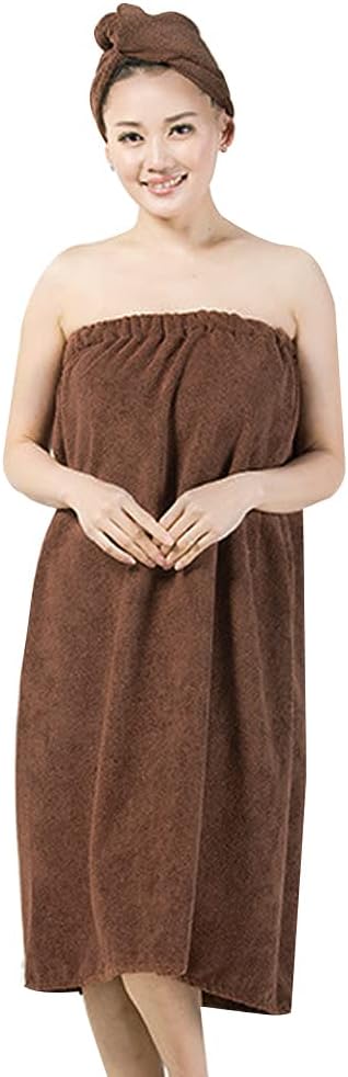 Queena Women Microfiber Bath Towel Wrap & Hair Turban Adjustable Spa Shower Cover Up,Coffee
