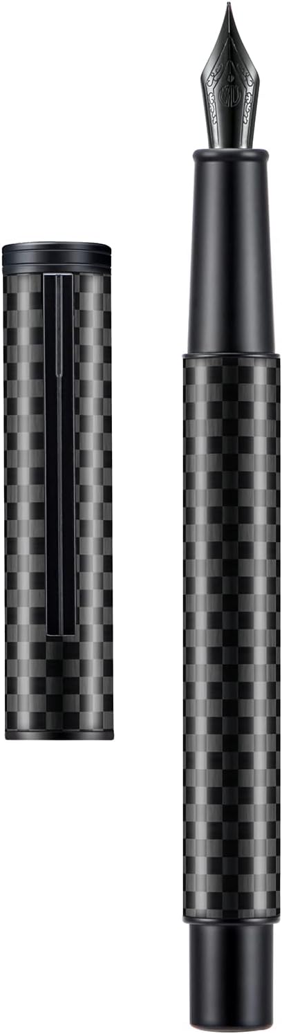 HONG DIAN Fountain Pen Black Fine Nib Carbon Fiber Forest Pro Series, Modern Design Consistent Writing Pen with Ink Refill Converter and Metal Pen Case Set