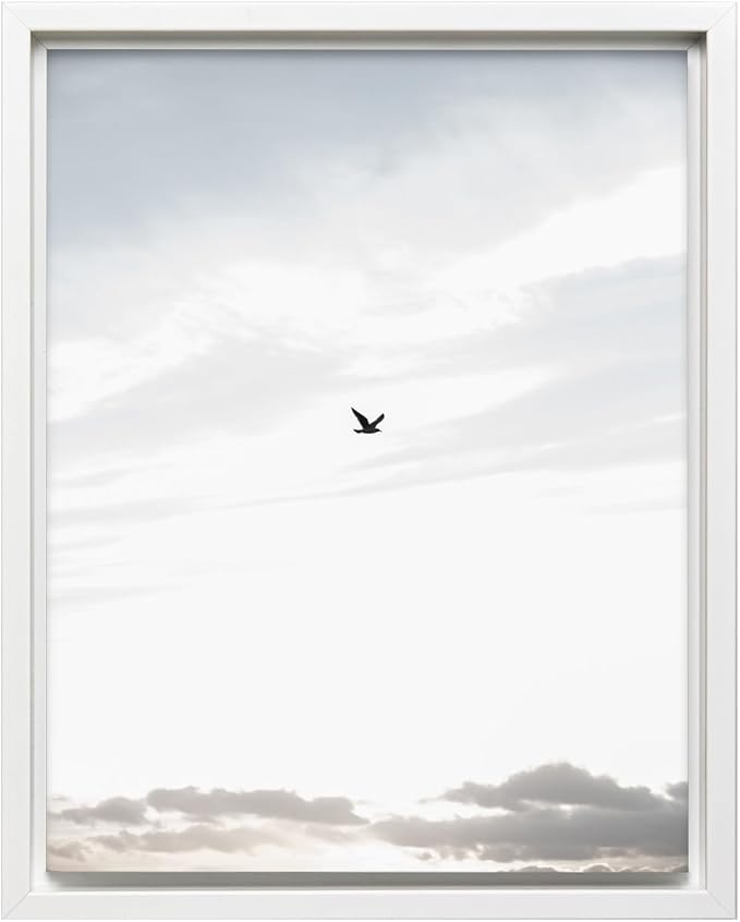 Monem Art Minimalist Bird in Sky Photography Print - Moody Nordic Landscape Art Poster - Wall Decor for Living Room, Bedroom or Office - 8x10 White Framed CANVAS Wall Art by Mareike Bohmer
