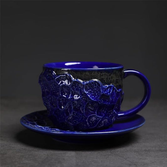 Handmade Irregular Ceramic Coffee Mug with Saucer, Kiln Flowing Glaze Wabi Sabi Latte Tea Cup Set, set of 1, 200ml (YUNSHI04)