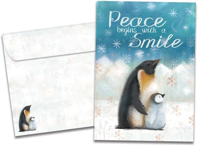 Tree-Free Greetings - Season's Greetings Greeting Cards - Artful Designs - 12 Cards + Matching Envelopes - Made in USA - 100% Recycled Paper - 5"x7" - Peaceful Penguins (HP60644)