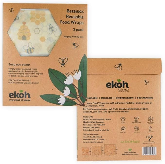 EKOH Reusable Beeswax Foodwraps (3 pk) Retro Bee Print - Bees Wax Wrap for Food - Eco Friendly Bee Wraps - Reusable Sandwich Wrap - Sustainable Organic Cotton Wraps (3 Honey Bee prints)