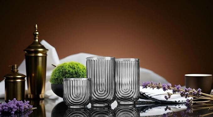 16 Piece Smoke Glassware Set, Beautiful Art Deco Black Drinking Glasses, Ribbed U-Shape Design, 8 Highball 17oz and 8 Whiskey 11oz DOF Handwash Only