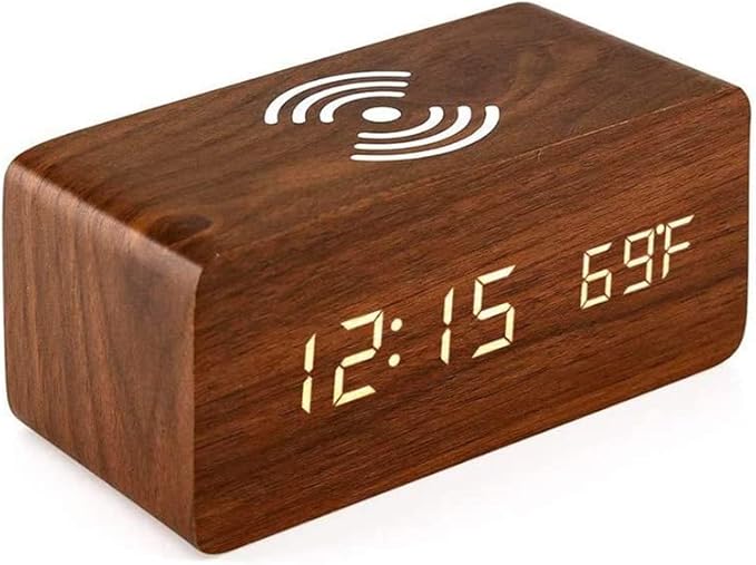 Digital Alarm Clock LED Wood Clocks,Temperature Display/Voice-Activated/Date/12/24 Hours,3 Alarms for Bedroom Office,Bamboo(Brown)