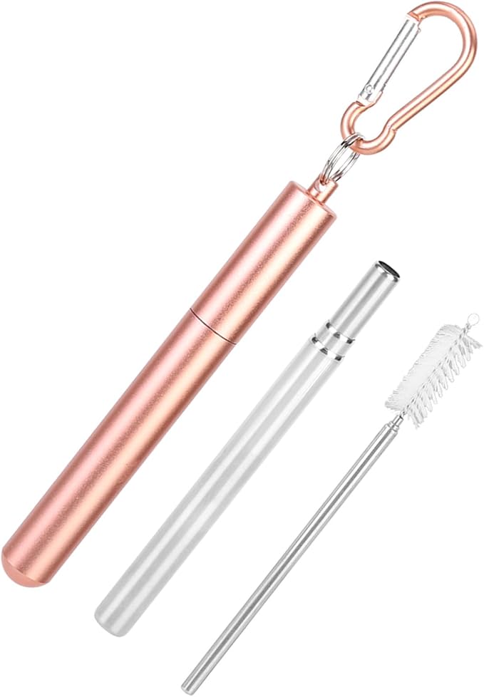 FTVOGUE Collapsible Stainless Steel Straw with Travel Case and Cleaning Brush for Tumblers Cups Smoothies Milkshakes Juice (Pink)