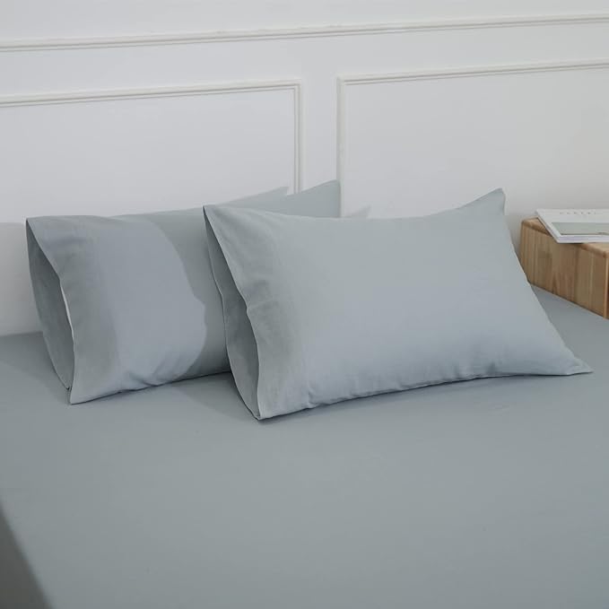 Simple&Opulence Linen Pillowcases 1 Pair Basic Style 55% Euro Linen 45% Cotton Blend Solid Color Flax Shams Set of 2, King Size 20"x40", Dusty Blue