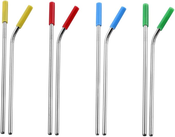 Unomor 8-Piece Reusable Stainless Steel Drinking Straws Set 304 Food-Grade Steel with Silicone Tips for Smoothies Bubble Tea Includes Straight and Curved Straws with Cleaning Brush