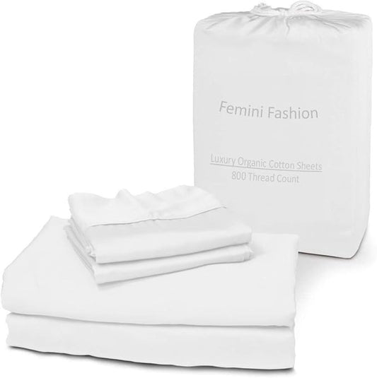 Femini Fashion 100% Organic Cotton Bed Sheets 800-Thread-Count, 16-Inch Deep-Pocket, Luxury Breathable Crisp 4-Piece Bed Sheet Set (1 Flat Sheet, 1 Fitted Sheet, 2 Pillowcases) - Twin, White