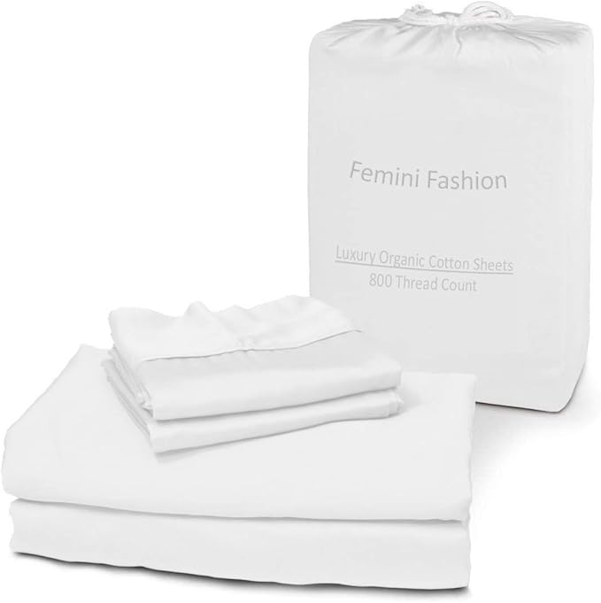 Femini Fashion 100% Organic Cotton Bed Sheets 800-Thread-Count, 16-Inch Deep-Pocket, Luxury Breathable Crisp 4-Piece Bed Sheet Set (1 Flat Sheet, 1 Fitted Sheet, 2 Pillowcases) - Short-Queen, White