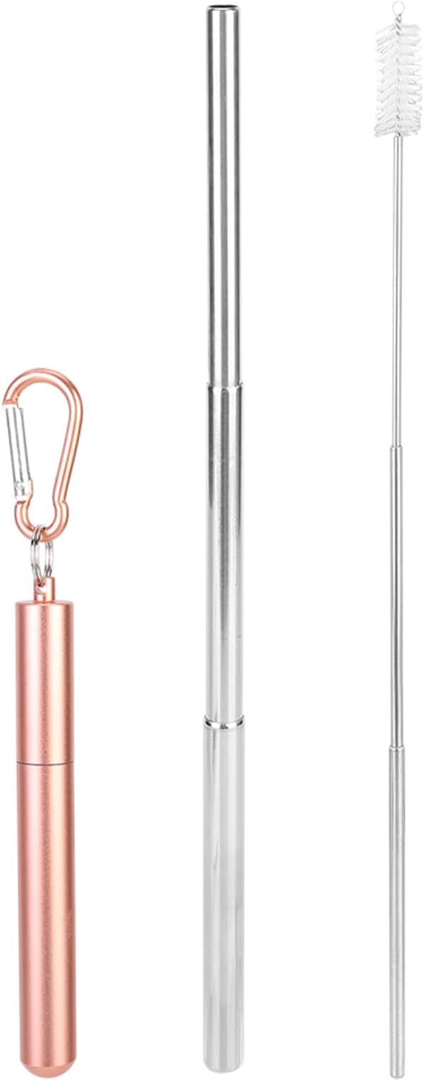 FTVOGUE Collapsible Stainless Steel Straw with Travel Case and Cleaning Brush for Tumblers Cups Smoothies Milkshakes Juice (Pink)