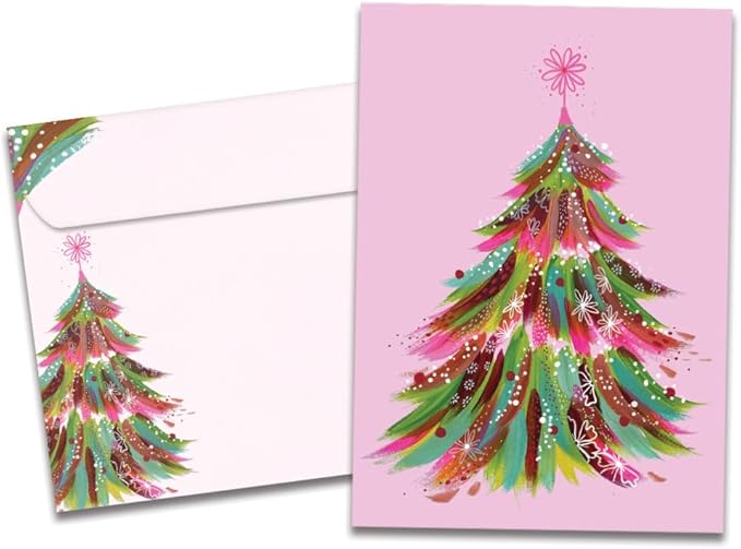 Tree-Free Greetings - Season's Greeting Card - Artful Designs - 1 Card + Matching Envelopes - Made in USA - 100% Recycled Paper - 5 x 7 - Pink Tree (VO80704)