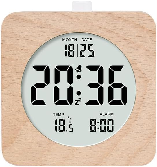 Nordic Style Solid Wood Alarm Clock - Minimalist Wooden Clock with LCD Display, Temperature & Date, Handmade, Rechargeable, Bedside Desk Decor for Home Office (Square)
