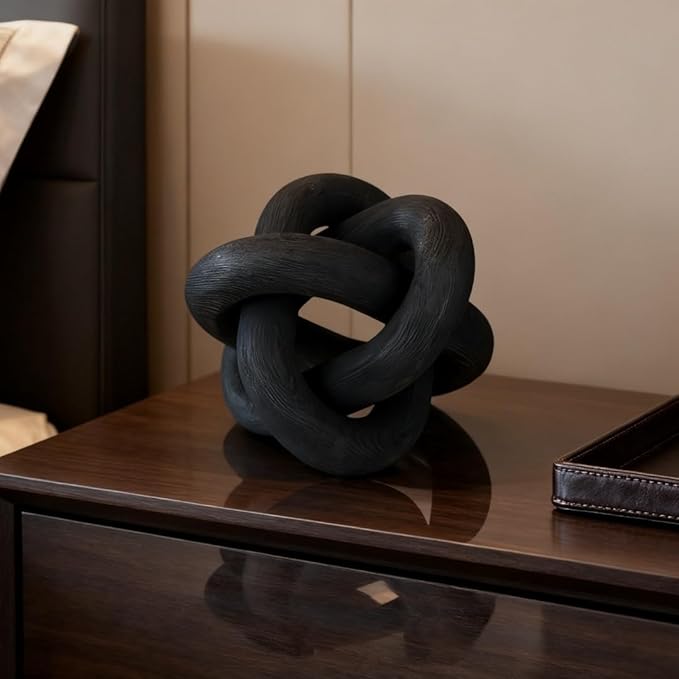 Wood Knot Chain Link Decor, 3 Link Boho Wooden Hand Carved Decorative, Handcrafted for for Coffee Table Entryway Modern Farmhouse Shelf Decoration (Black)