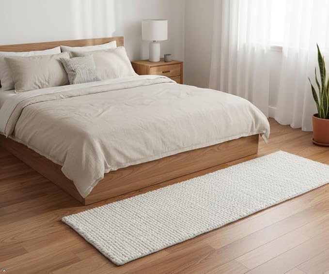 FRELISH DECOR Wool Cotton Premium Hand Woven Braided Chunky Cable Rug/Runner - Contemporary Foot Mat for Living Room Bedroom Kitchen Entryway (2.5' x 8' - Ivory)