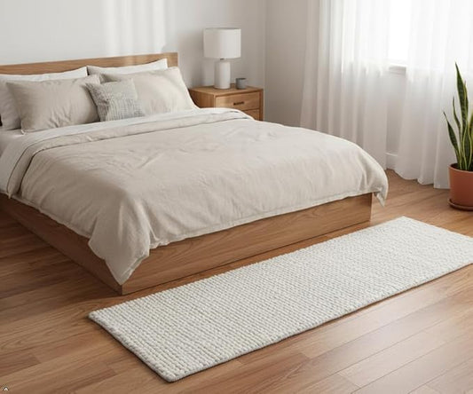 FRELISH DECOR Wool Cotton Premium Hand Woven Braided Chunky Cable Rug/Runner - Contemporary Foot Mat for Living Room Bedroom Kitchen Entryway (2.5' x 8' - Ivory)
