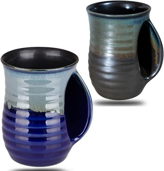 Hand Warmer Mugs Set of 2,16 Ounce Large Hand Warming Mugs Ceramic Gift for Christmas with Contoured Pocket, Keep Your Fingers Warmth(Brown and Blue)