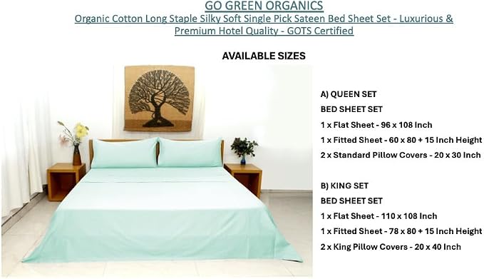 Organic Cotton Long Staple Silky Soft Single Pick Sateen Bed Sheet Set - Luxurious & Premium Hotel Quality - GOTS Certified - Solid Dyed (Clear Water, King (U.S. Standard))