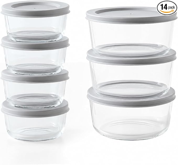 14-Piece Glass Food Storage Containers Set (7 Containers + 7 BPA-Free Lids) | 1-Cup & 4-Cup, Leakproof | Microwave, Freezer, Oven & Dishwasher Safe | Ideal for Meal Prep & Pantry Organization, Grey