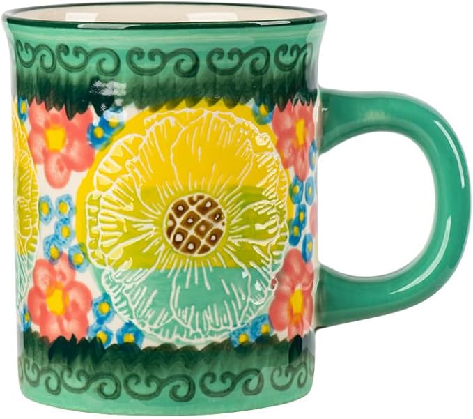 Pottery Coffee Mug,14oz, Hand Painted Ceramic Tea Cups with Unique Design for Hot or Cold Drinks (Green Field)