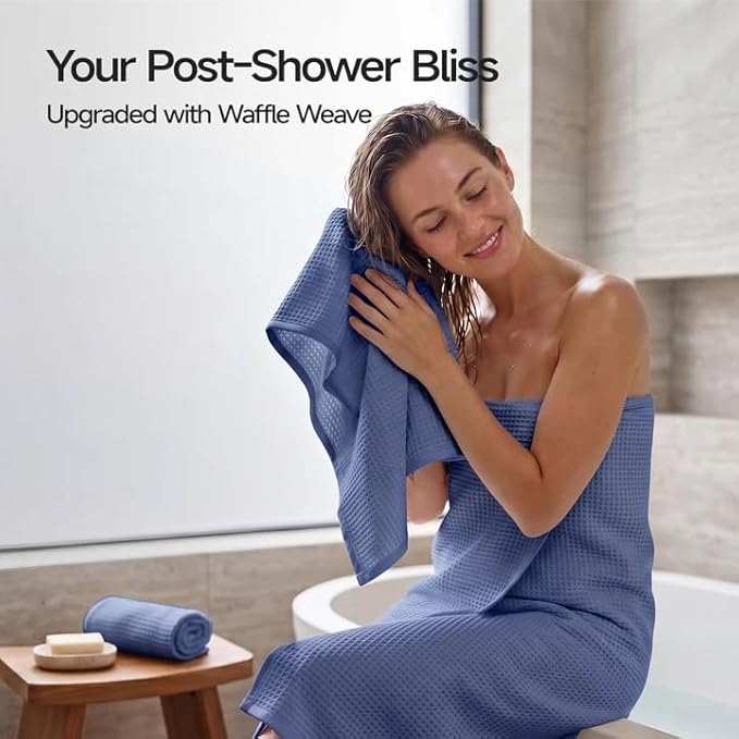 ecolook 6-Piece Waffle Weave Towel Set, 100% Cotton, Lightweight, Absorbent & Quick-Drying, 2 Bath Towels (31×63 in), 2 Hand Towels, 2 Washcloths, Lint-Free for Bathroom, Pool, Gym, Travel - Blue